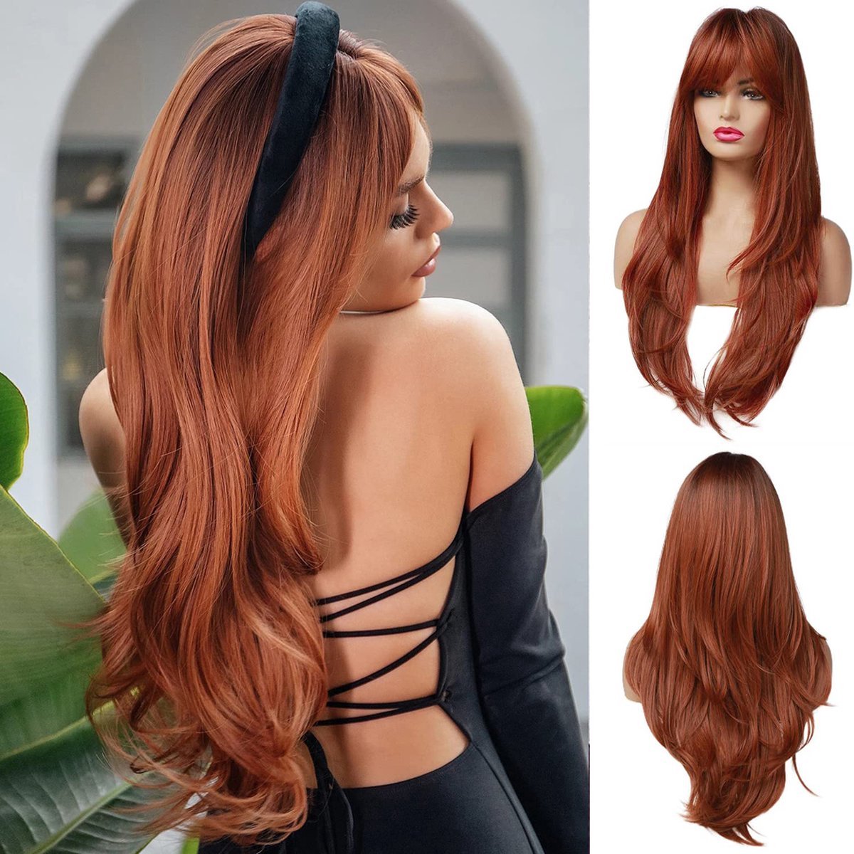 Pruiken Dames - Lang Haar - Pruik Rood Bruin - 61 cm