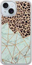 Casimoda® hoesje - Geschikt voor iPhone 15 - Luipaard Marmer Mint - 2-in-1 case - Schokbestendig - Luipaardprint - Verhoogde randen - Mint, Transparant