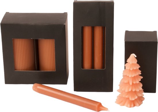 WinQ!-Set Kaarsen met 3 stuks verpakkingen met verschillende kaarsen in de kleur terra - Dinerkaars - Stompkaars 7x15 cm - Kerstboomkaars