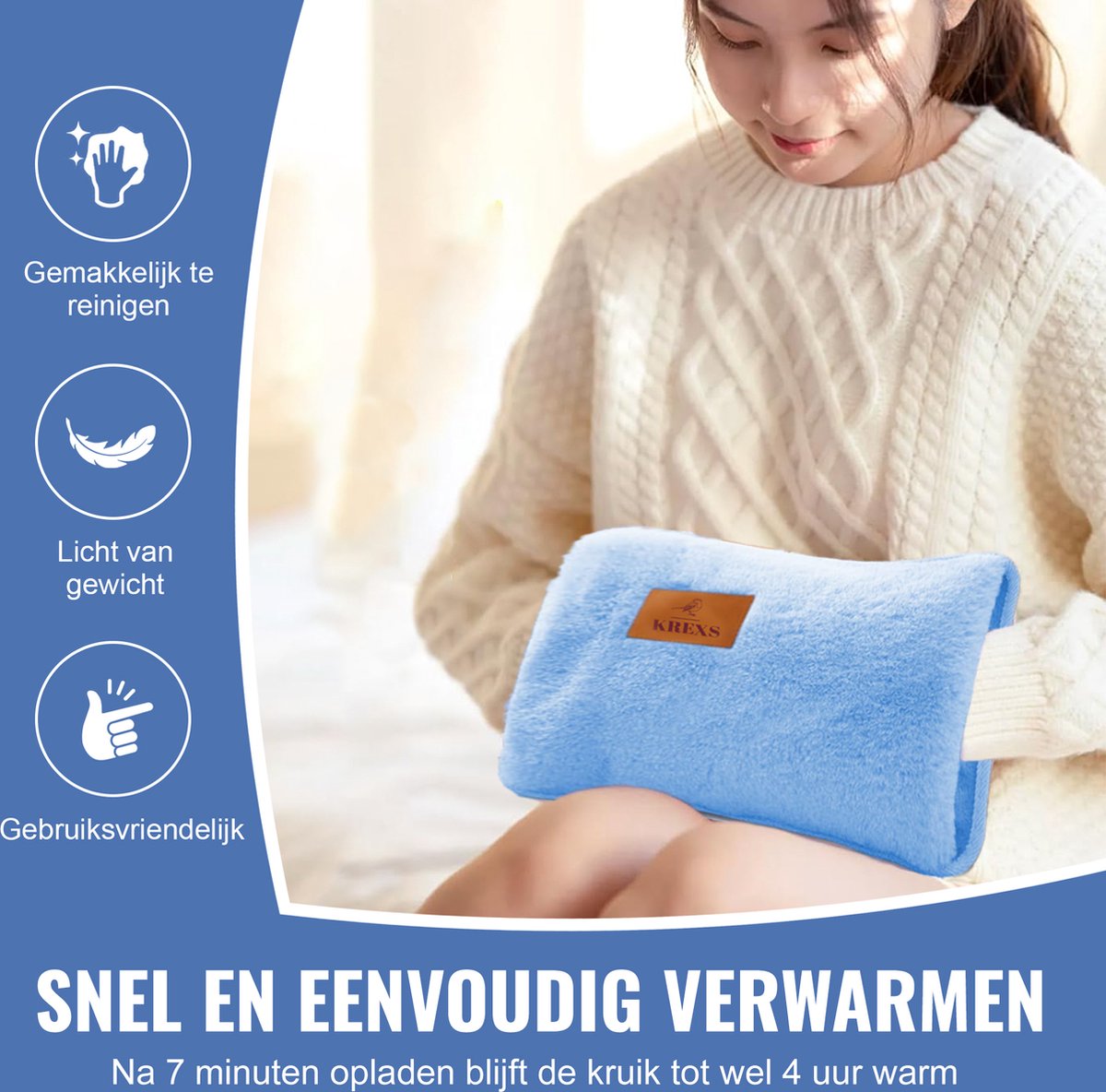 Krexs Elektrische Kruik - 2 Stuks - Elektrische Warmwaterkruik - Oplaadbare Kruik - Warmtekruik - Blauw - Volwassenen – foto 8