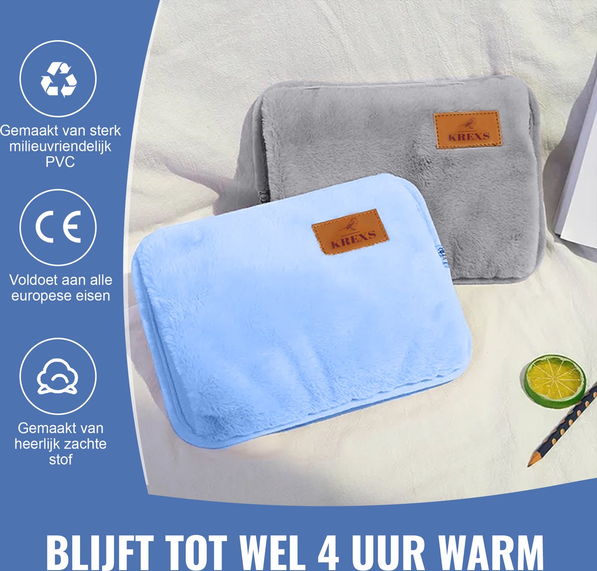 Krexs Elektrische Kruik - 2 Stuks - Elektrische Warmwaterkruik - Oplaadbare Kruik - Warmtekruik - Blauw - Volwassenen – foto 4