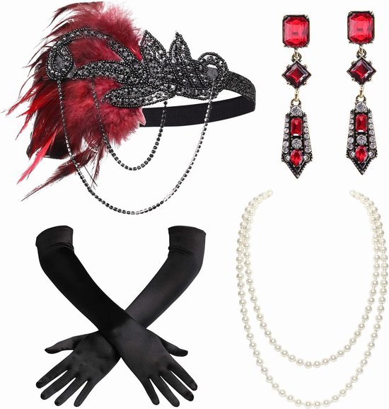 jaren '20 flapperset voor dames, Gatsby-kostuum, accessoireset inclusief hoofdband, halsketting, handschoenen, sigarettenhouder