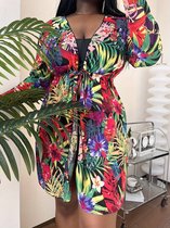 Strand Kimono Tuniek, Boho Kimono, Vrouwen Plus Tropische Print Lange Mouw Open Voorzijde Riem Kimono Cover Up, Strandkleding-Zwemkleding, Meerkleurig, Maat XL