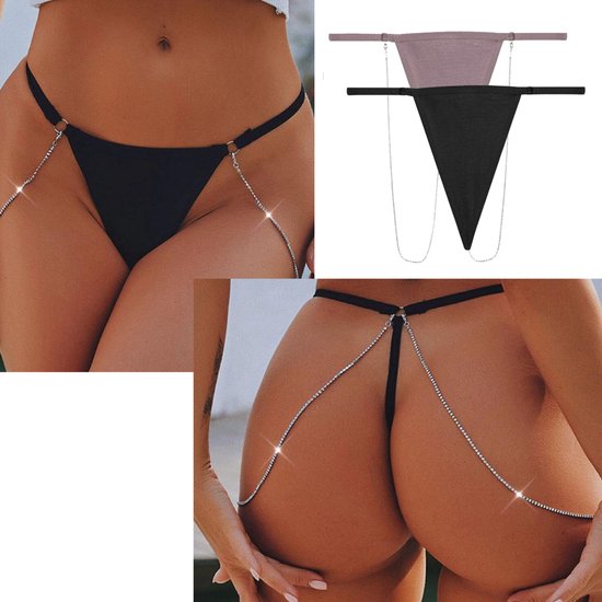 2 Pack - Sexy Dames String met Ketting - G String - Zwart en Nude - Dames Lingerie / Ondergoed Set - Maat L