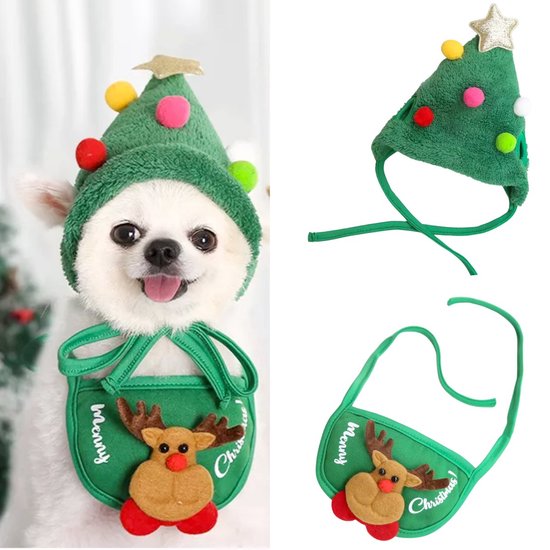 Kerstpakje Hond Maat L 2Delig Hondenkostuum Groen Met Muts en