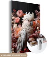 MuchoWow® Glasschilderij 60x80 cm - Schilderij acrylglas - Kaketoe - Dier - Natuur - Botanisch - Bloemen - Roze - Foto op glas - Schilderijen