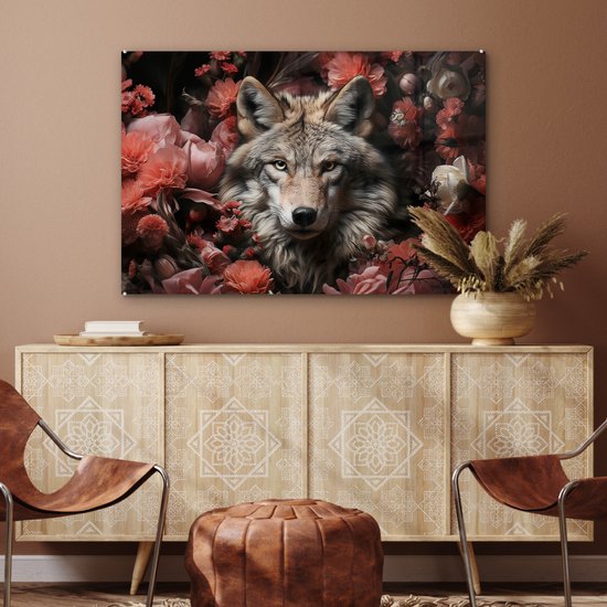 MuchoWow® Peinture sur verre 120x80 cm - Peinture sur verre - Loup - Animal - Fleurs - Botanique - Nature - Fantastique - Photo sur verre acrylique - Peintures