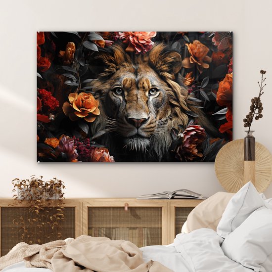 Een glazen schilderij van een leeuw te midden van bloemen, hangend boven een commode in een slaapkamer.