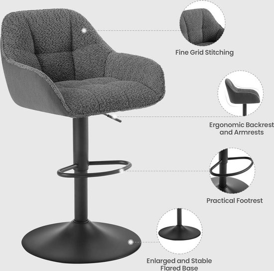 BukkitBow - Tabourets de bar de Luxe en chenille / Fabric/ tissu avec dossier - rotatifs et avec repose-pieds - (hauteur d'assise 63 - 84 cm) - Grijs