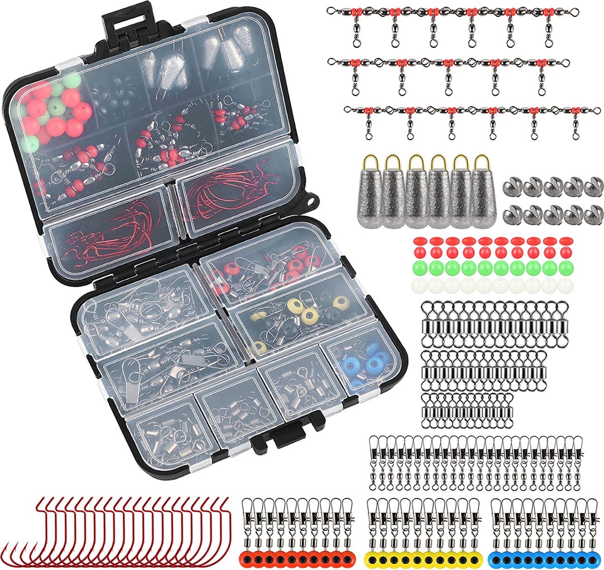 Complete Visaccessoire-set - Gevulde Tackle box:- 180-delig - Visset - Vishaken - Visaccessoires - Visgerei - Visuitrusting - Wartels - Visgewichten - Jigkoppen - O-ringen - Bonen - Visset met Viskoffer