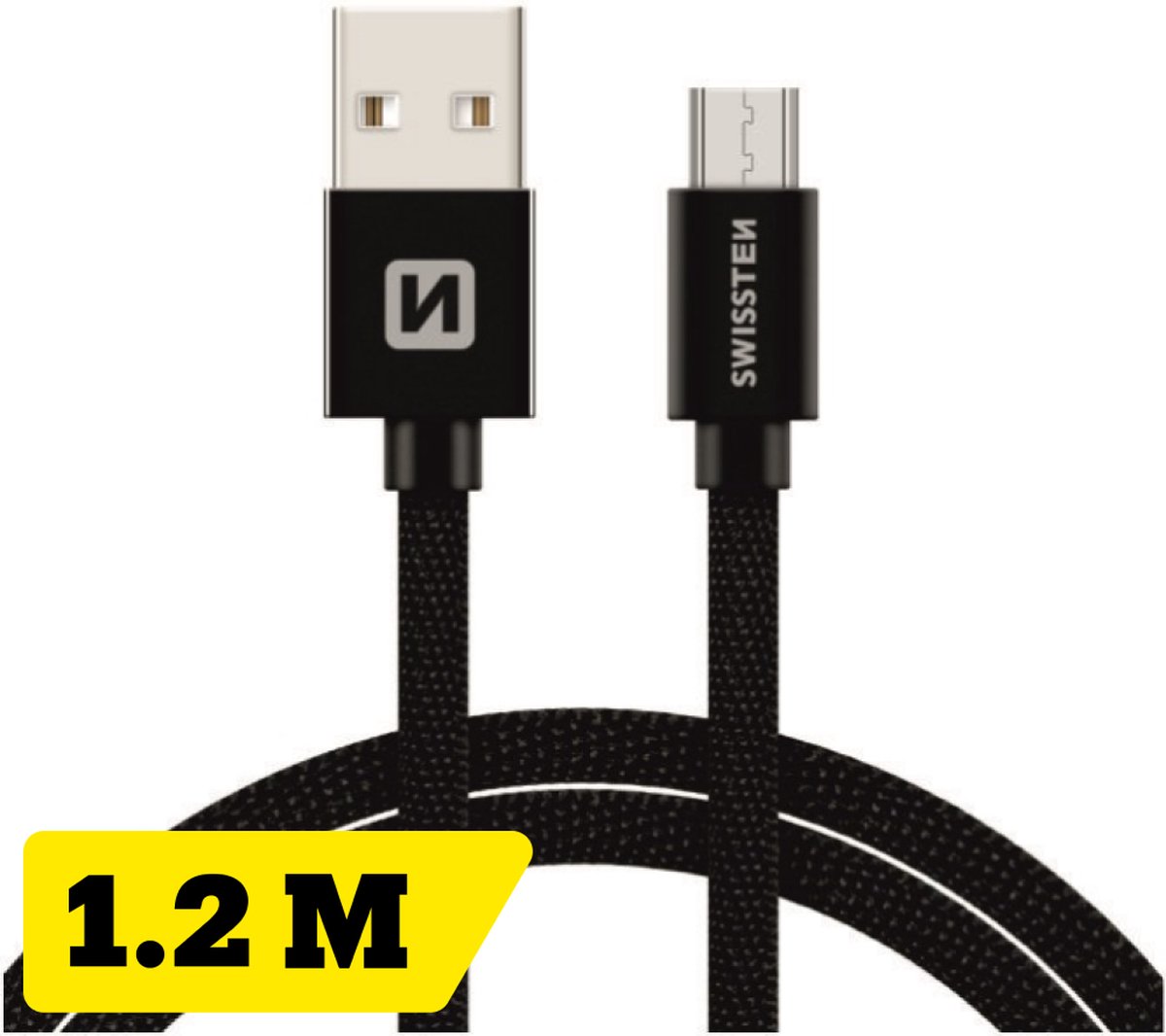 Swissten Gevlochten Micro-USB naar USB kabel - 1.2M - Zwart