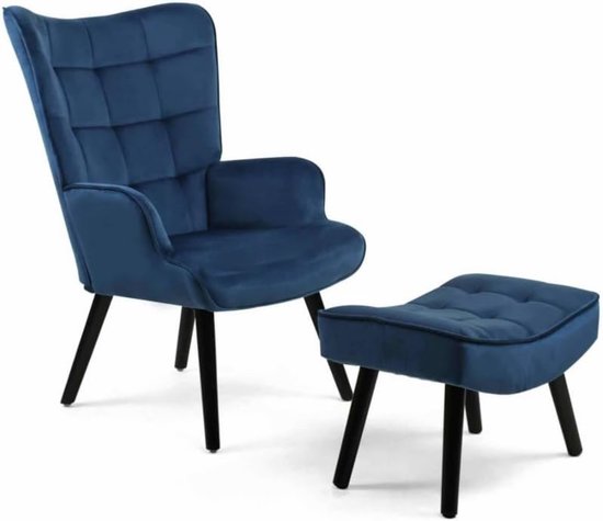 Scandinavische stoel ANIA met voetensteun, fluweel, blauw