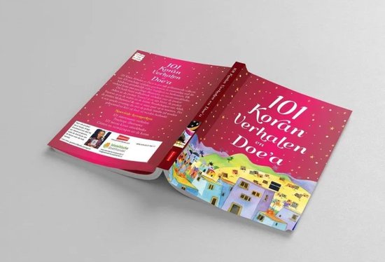 Boek met rode kaft en sterren, getiteld '101 Koran Verhalen en Doe'a'. Illustratie van een dorp.