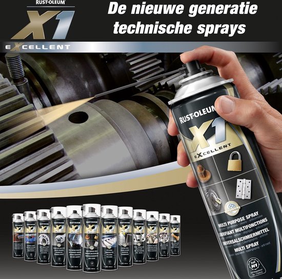 Aérosol Rust-Oleum X1 Excellent avec texte "La nouvelle génération de sprays techniques" et engrenages en arrière-plan.