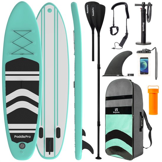 LifeGoods SUP Board - Opblaasbaar Paddle Board - Complete Set - Max. 135KG - 320x81cm - Mintgroen/Zwart