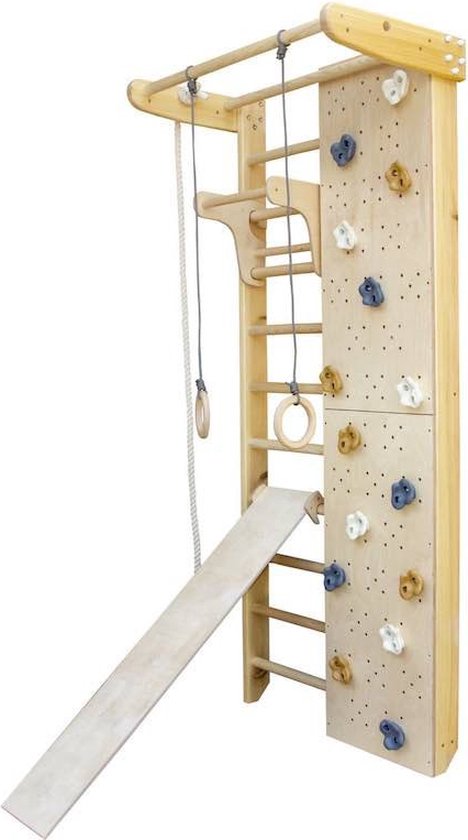 Juskys Sprossenwand, für Kinder, Kletterwand mit Strickseil, Turnringen und Klimmzugstange
