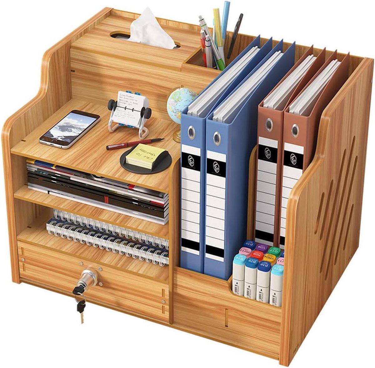 Bijgewerkte houten bureau-organizer met lade