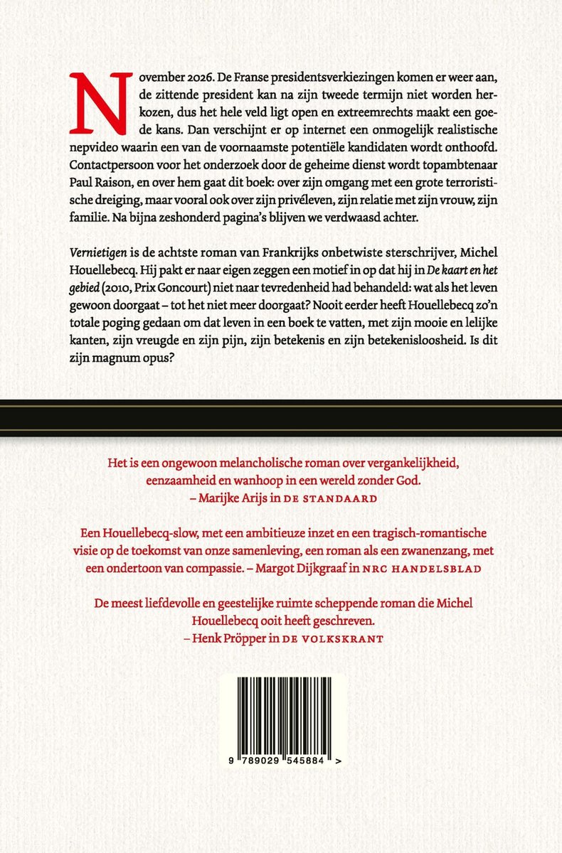 Achterkant van het boek "Vernietigen" met tekst en barcode.