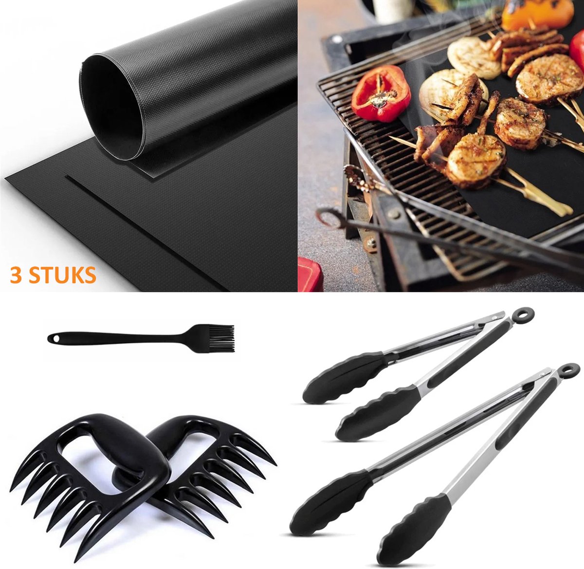 VITAMO Barbeque Gereedschap 8 delig - 3x Non Stick Grillmat - 2x Serveertang - Meat Claws - Kwast - Vleesklauwen - Anti Kleef Bakmat - Tang 26cm en 22cm - BBQ Grill - Zwart - Voordeelset - Cadeau Tip