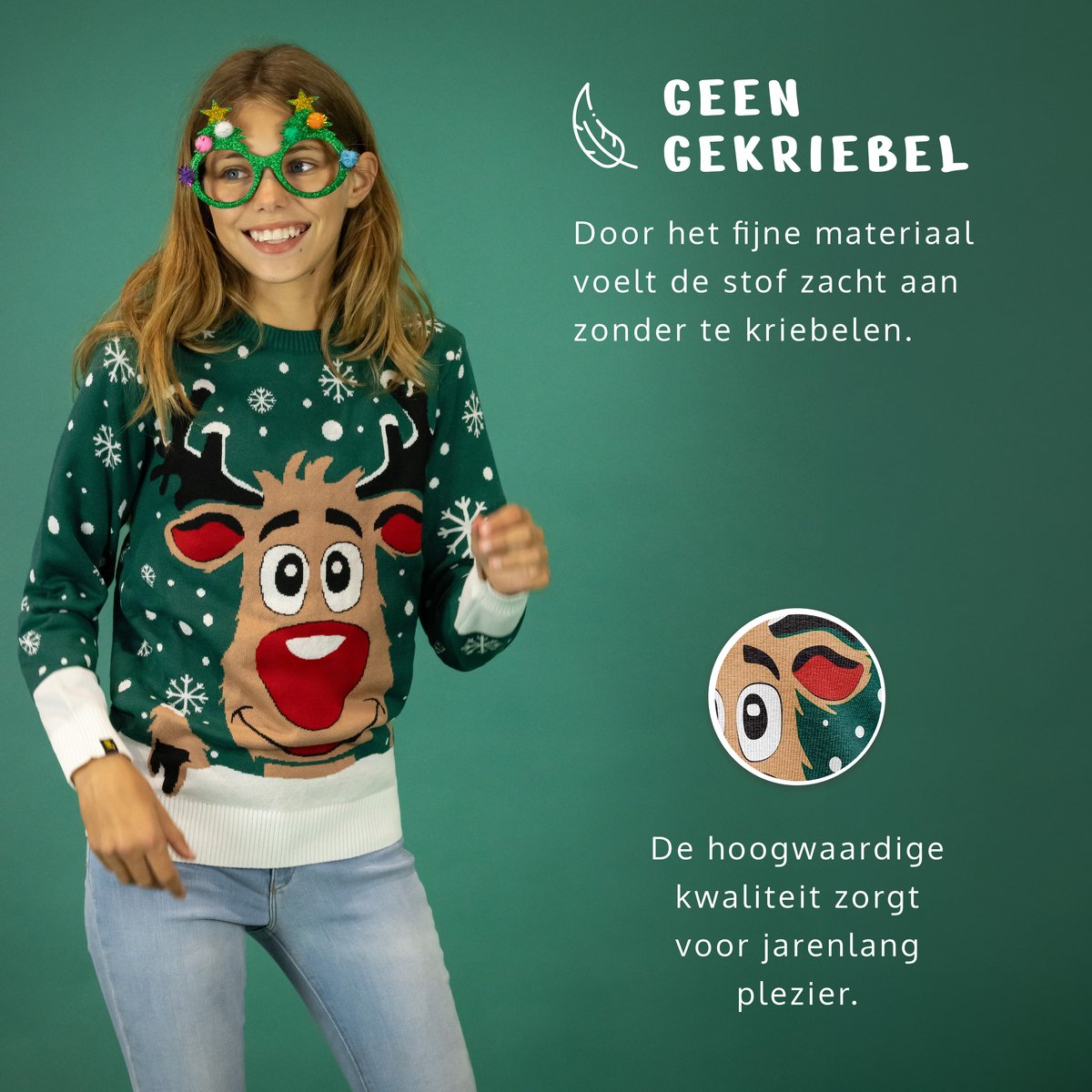 JAP Christmas Kersttrui voor kinderen (maat 98/104) - 100% Gerecycled - Kriebelt niet - Kerstcadeau - Foute Kersttrui jongens en meisjes (3/4 jaar) - Rudolf het Rendier - Groen — afbeelding 2