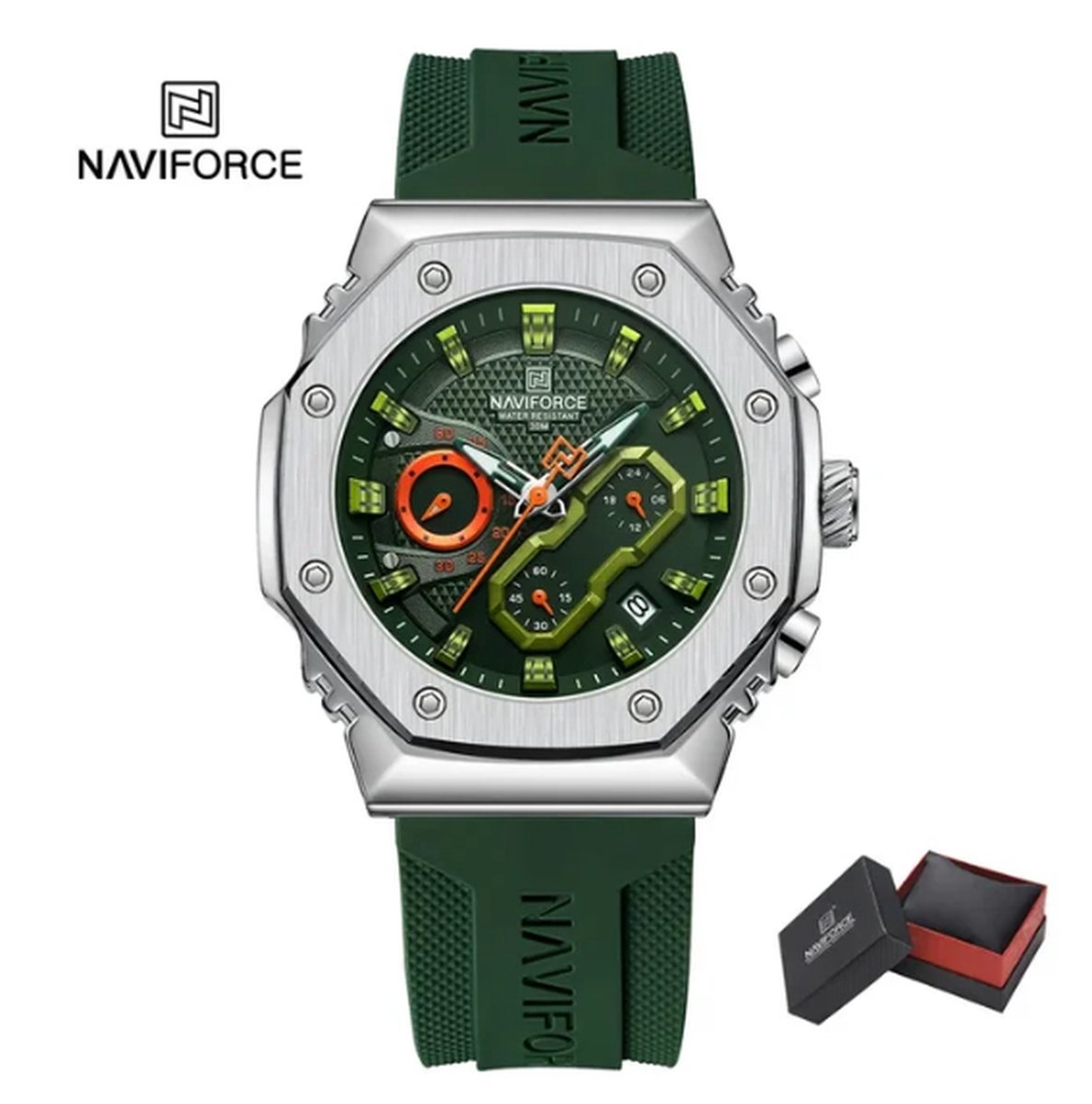 NAVIFORCE 8035 Horloge voor mannen - Groen - Siliconen Band - Verpakt in mooie geschenkdoos - Zilveren uurwerkkast - Batterij inclusief