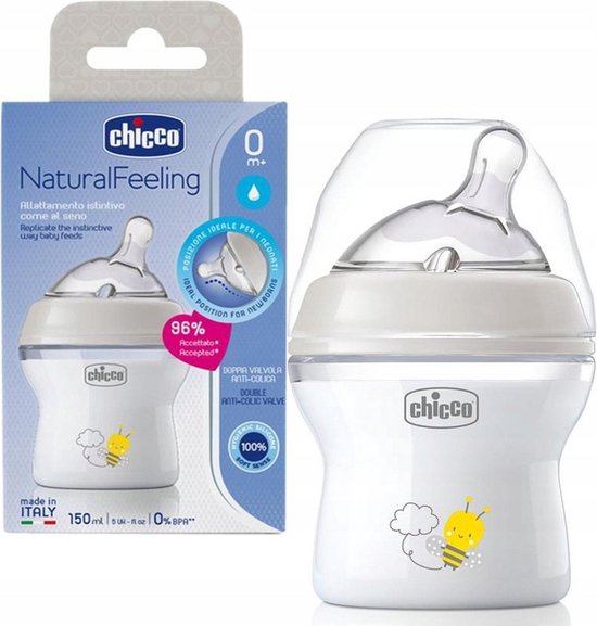 Chicco Natural Feeling Anticolic fles 0 maanden + 150 ml, fles met zuiger van zachte en flexibele siliconen, geschikt voor gemengde borstvoeding, langzame stroom, grijs 0+ maanden