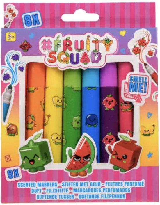 Regenboogkleurige stiften met fruitmotieven en gezichtjes, verpakt in een doos met #FRUITY SQUAD logo.