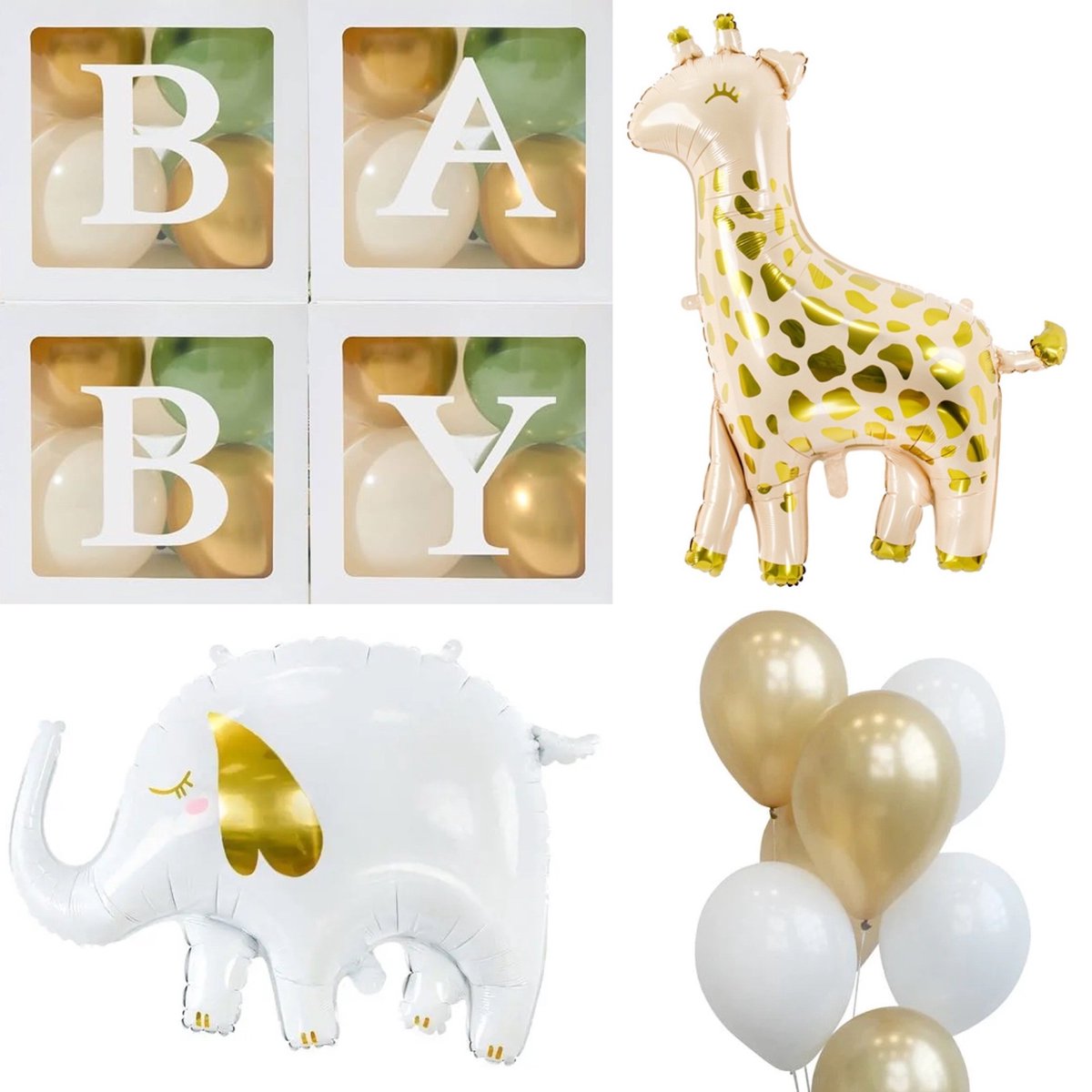 Vier doorzichtig letter ballon blokken Baby 32 latex en 2 folie ballonnen Giraf en Olifant - babyshower - giraf - olifant - ballonbox - ballonblok