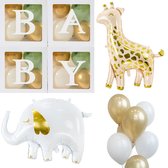 Vier doorzichtig letter ballon blokken Baby 32 latex en 2 folie ballonnen Giraf en Olifant - babyshower - giraf - olifant - ballonbox - ballonblok