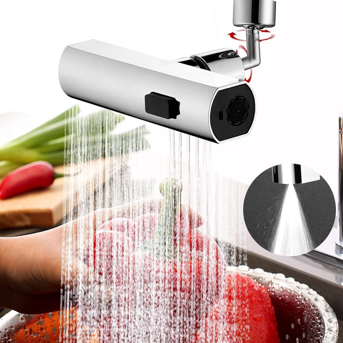 Nieuwe waterval-keukenkraan, 3-in-1 360° rotatie waterval kraan keuken waterval kraan 3-functie gootsteen sproeikop spoelbakarmatuur waterbesparende kraan voor keuken gootsteen (zilver)