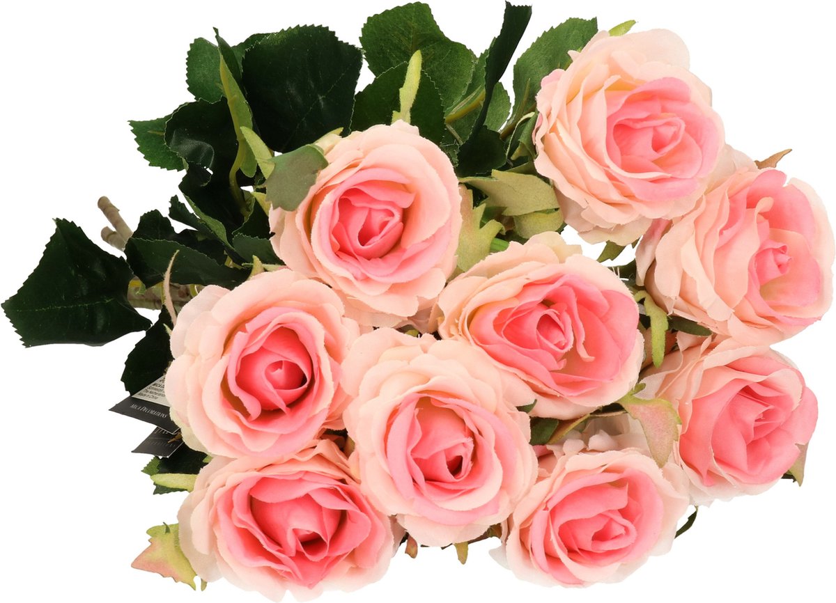 Mica Decorations Kunstbloemen boeket roos Elena - 8x - roze - 48 cm - kunststof steel - bloemen