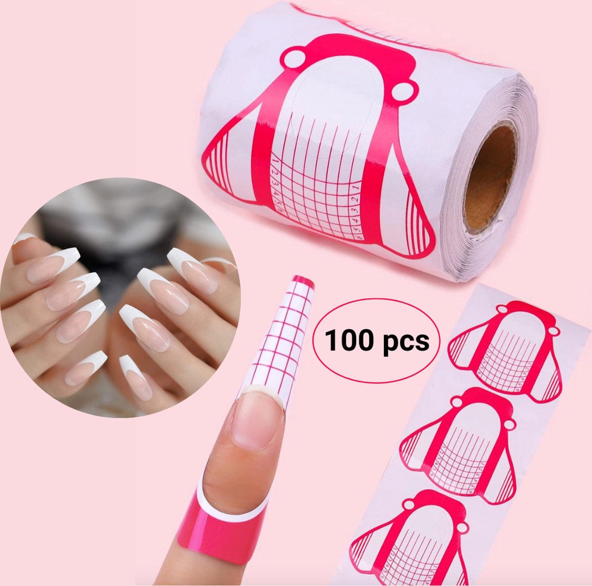 Goedkoopste GUAPÀ® Gel en Acryl Nagel Sjablonen | Nagel verlenging | Nail Forms | Acryl nagels | BIAB | Builder Gel | French Manicure | 100 pcs sjablonen Roze Wit