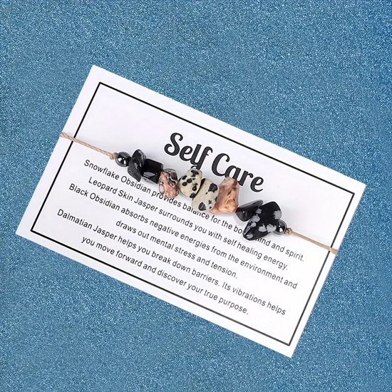 Bracelet cadeau Bixorp « Self Care » - Bracelet de pierres précieuses sur carte - Obsidienne flocon de neige, Jaspe et Obsidienne