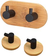 DWIH® - Zelfklevende Haakjes van Bamboe en zwart staal - Ophanghaken - Zelfklevend - Handdoekhaakjes - Badkamer - Set van 2 - Bamboo - Zwart Staal