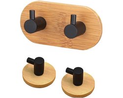 DWIH® - Zelfklevende Haakjes van Bamboe en zwart staal - Ophanghaken - Zelfklevend - Handdoekhaakjes - Badkamer - Set van 2 - Bamboo - Zwart Staal