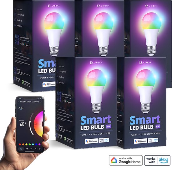 Lideka® - Vijfdelige Set E27 9W Slimme LED Lampen - RGBW - Bedienbaar via App - Lichtspectrum van 2700K tot 6500K - Innovatieve Smart LED Verlichting - Dimfunctie - Compatibel met Google & Alexa