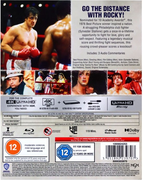 Achterkant van de Rocky Blu-Ray hoes met afbeeldingen van Sylvester Stallone en informatie over de film.