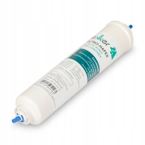 Wit koelkastwaterfilter met blauwe aansluiting en tekst in het groen en zwart.