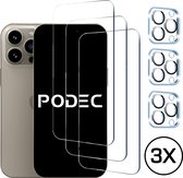 Podec Screenprotector en Camera Lens Protector geschikt voor iPhone 15 Pro Max- Gehard Beschermglas - Transparant en Krasbestendig - Tempered Glass Screen Cover - 3 + 3 Stuks