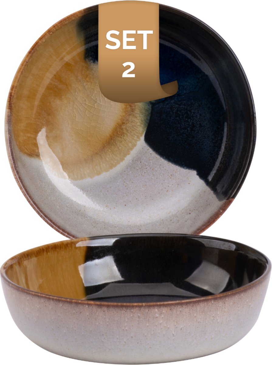 Palmer - Aquarel - Schaal - Kom - 2 stuks - 80 cl - ø 17,5 cm - Beige/Blauw - Stoneware - Bordenset