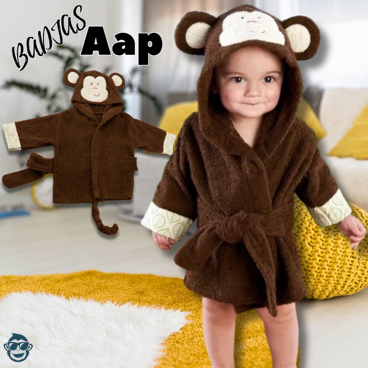 Dieren Badjas Aap Monkey Business | 0-12 maanden (0-1 jaar) | Baby / Peuter | BoefieBoef | ochtendjas | katoen | snel drogend | met capuchon | kraamcadeau | dierenbadjas | sinterklaas | aap | dier | meisjes en jongens | bruin