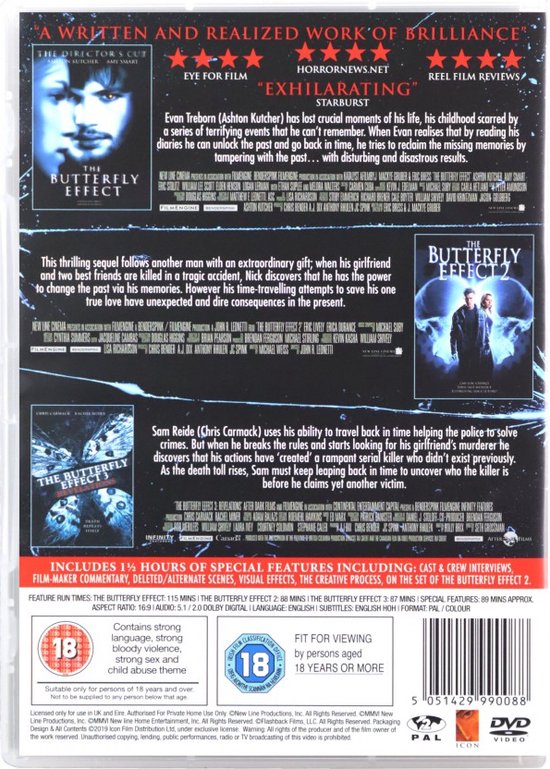 Achterkant van 'The Butterfly Effect Trilogy' met filminfo, recensies en een afbeelding van een koppel. Bevat 1,5 uur bonusmateriaal.