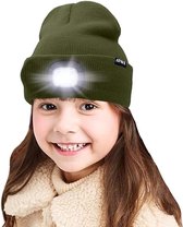 Bonnet avec éclairage LED - Enfants - Bonnet Vert Mousse - Rechargeable par USB - 4 lampes LED à lumière vive - 3 réglages - Taille unique - Unisexe - Imperméable - Stretch