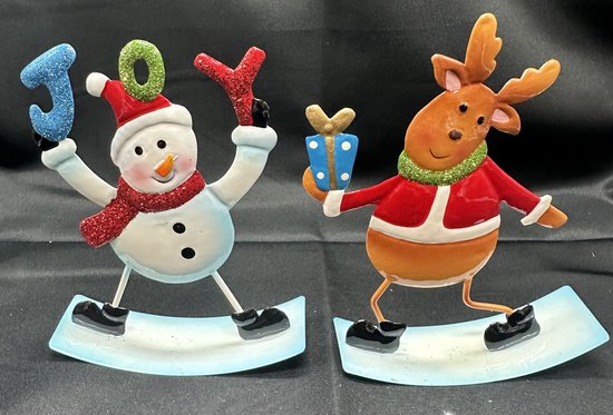 Metalen Kerstfiguren op standaard - Set van 2 stuks - Rendier en Sneeuwpop- Kerstdecoratie - Hoogte 13 x 11 x 10 cm - Seizoens decoratie - Kerst decoratie