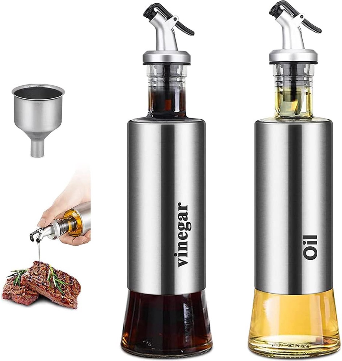 Azijn en oliedispenser 300 ml 2 stuks olie azijn set olie karaf oliekan keuken olijfolie fles met schenktuit roestvrij staal zichtbare cruet azijn olie dispenser fles voor olie azijn met trechter