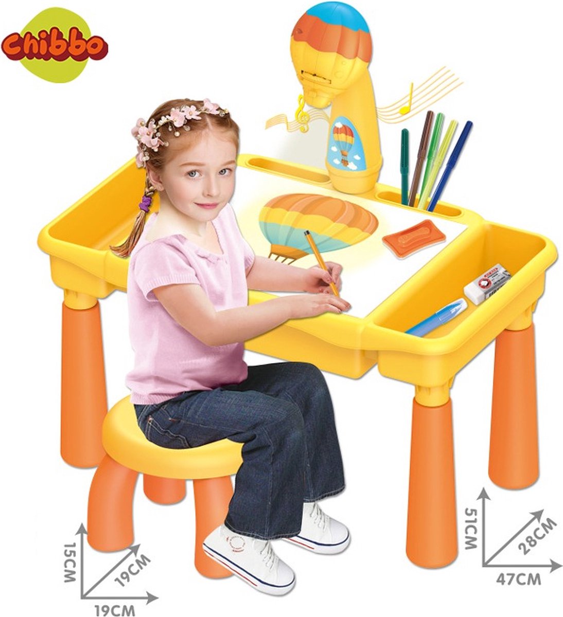 CHIBBO Luchtballon Geel Tekentafel Kinderen met Projector & Muziek Magisch Tekenbord Peuter Leren Tekenen in Hoogte Verstelbaar Incl Kleurboek & Stiften Kerstcadeau