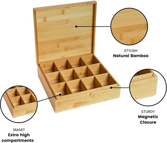 WALDWERK Theedoos - Met 9 Vakken van Robuust Eikenhout - Tea Box - Zonder Kunststof, Wandopslag met Accessoires