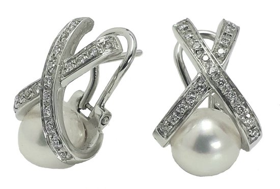 boucle d'oreille - or blanc - 14 crt - diamant - 0,25 crt - perle - Joaillier Verlinden