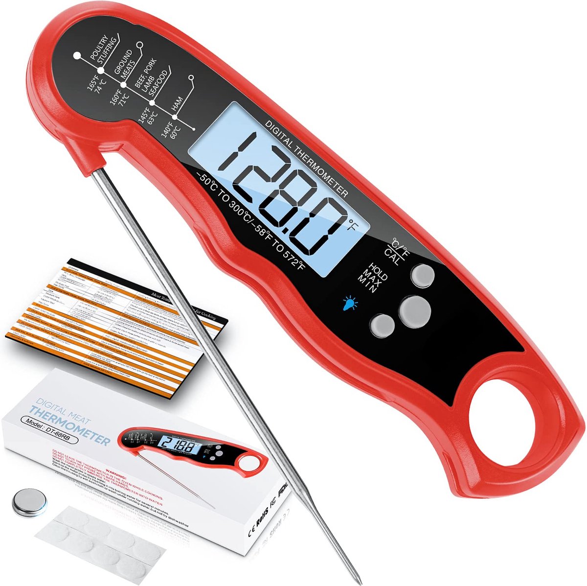 Rixora® - Vleesthermometer - BBQ Thermometer - Kernthermometer - Suikerthermometer - Keukenthermometer - Digitaal – Draadloos - Waterdicht - Rood - Rixora