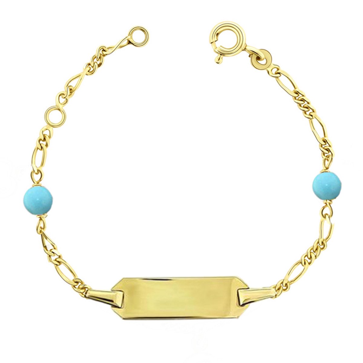 Juwelier Zwartevalk 9 KARAAT KINDERARMBAND MET PLAAT & TURKOOIS 13.137/12-14cm--
